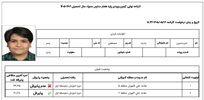 کارنامه امیرحسین زندیه